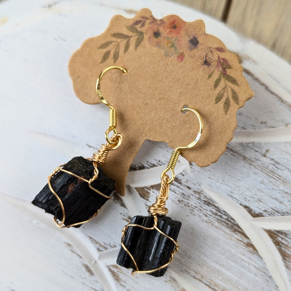 Dainty wire-wrapped black tourmaline earrings for emotional balance