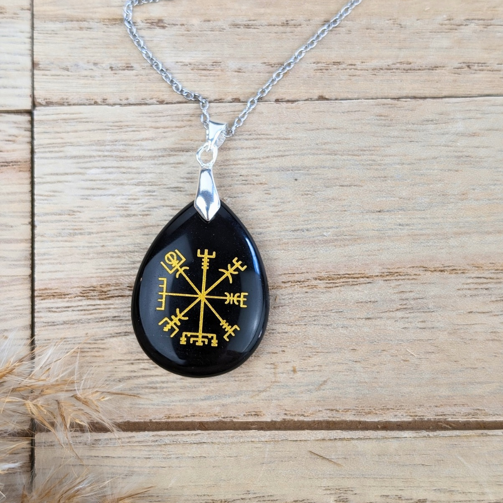 Black Obsidian Viking Rune Necklace pendant close-up – A close-up of the Viking rune symbols etched into the black gemstone, symbolizing ancient wisdom and protection.