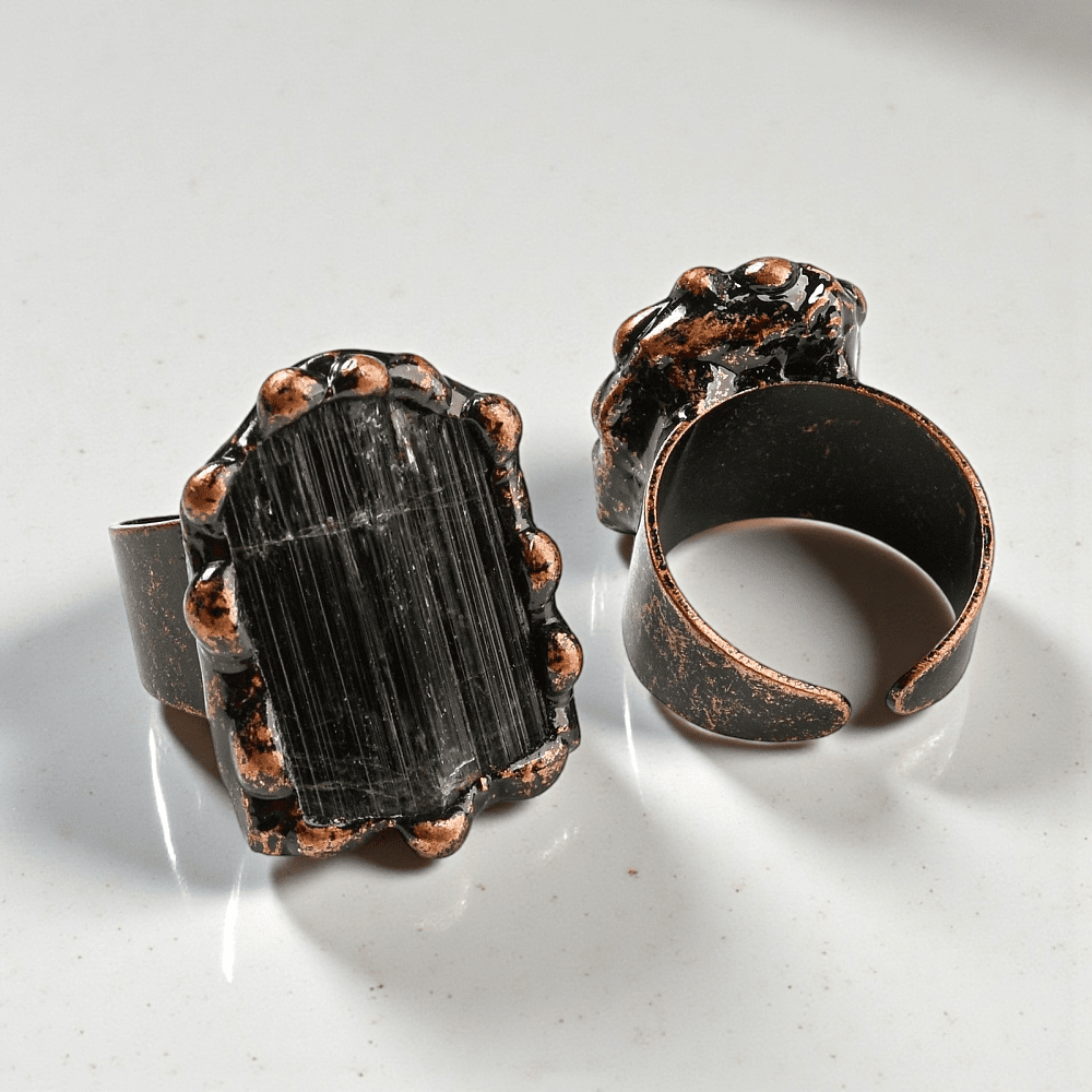 Natural black tourmaline adjustable ring available now in-store or online at zen collection metaphysical store