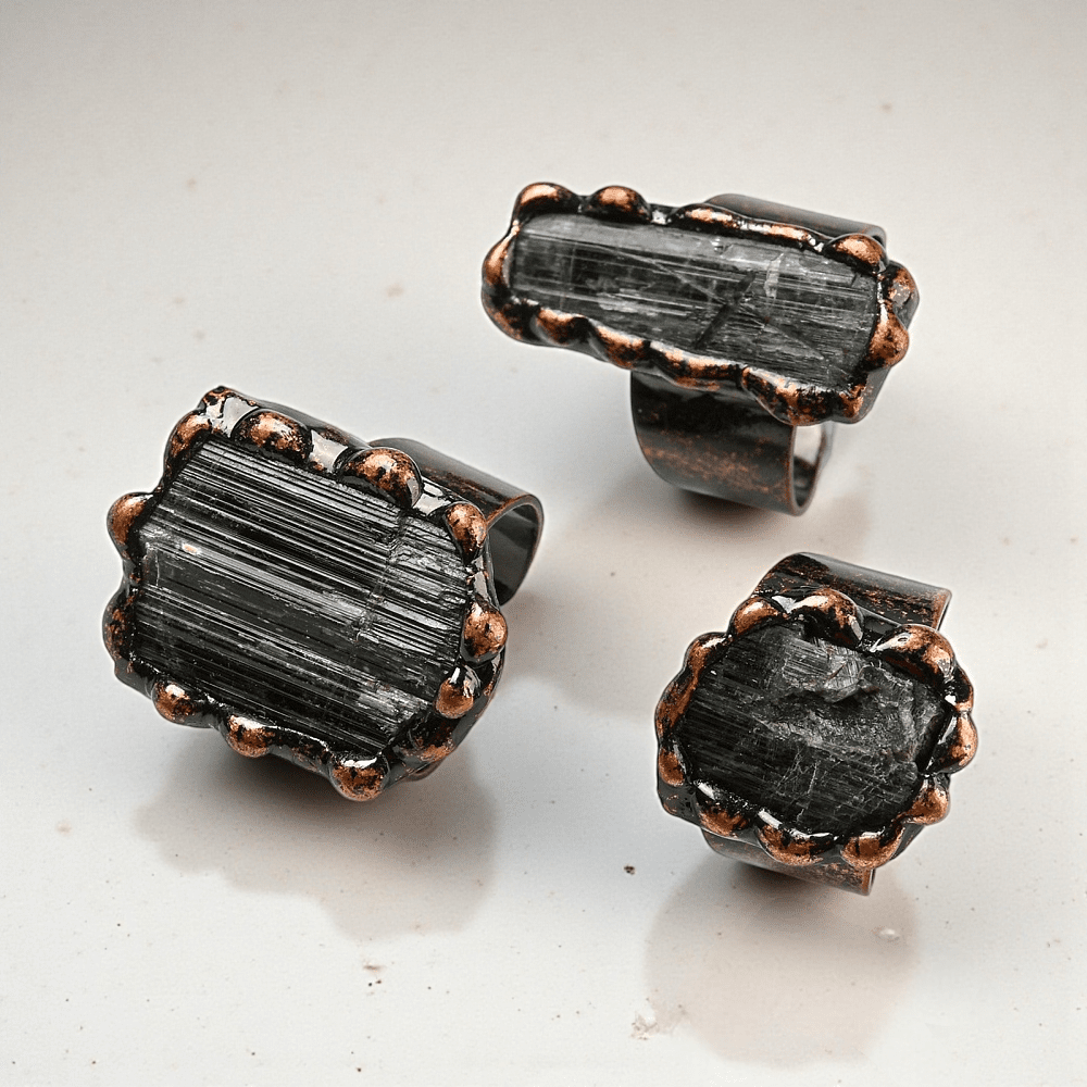 Natural black tourmaline adjustable ring available now in-store or online at zen collection metaphysical store