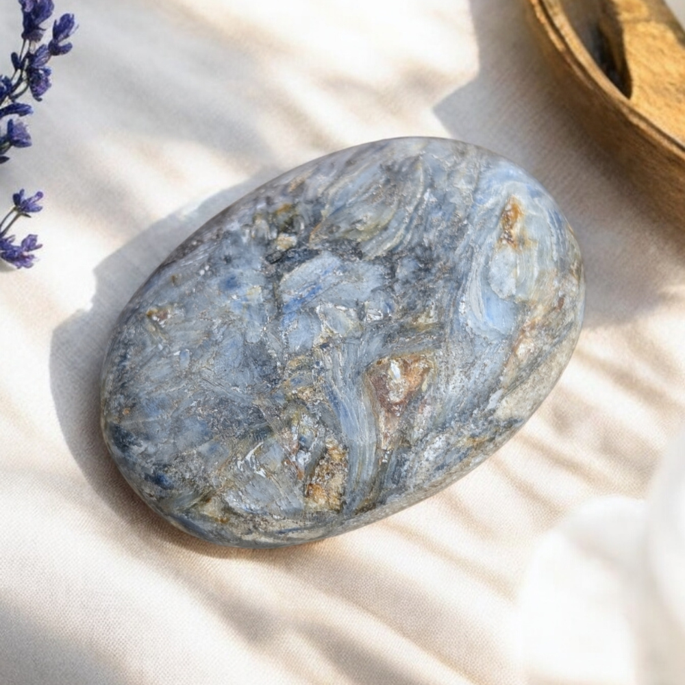 Hand holding Blue Kyanite Palm Stone for spiritual guidance.