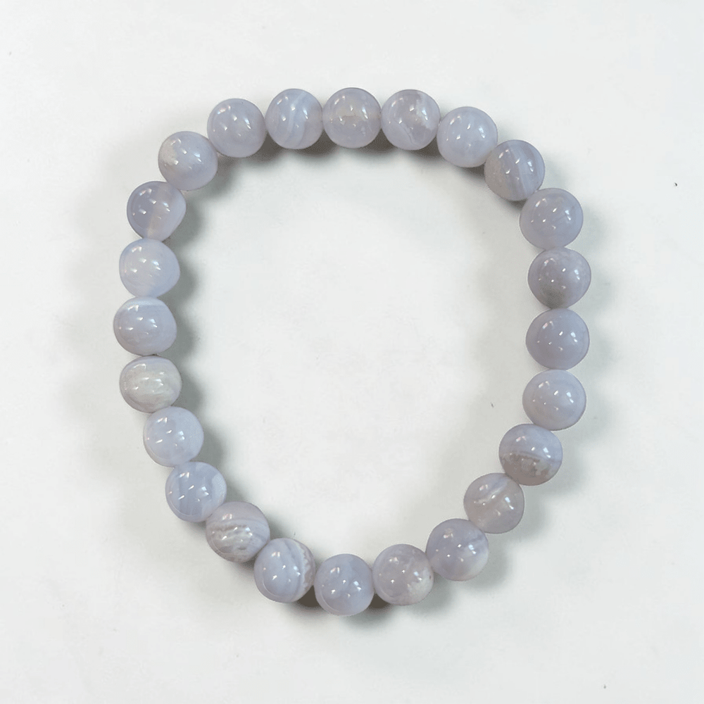 Throat chakra Blue Lace Agate crystal bracelet for anxiety and communication. Shop in-store or online now with Zen Collection Metaphysical Store Canada