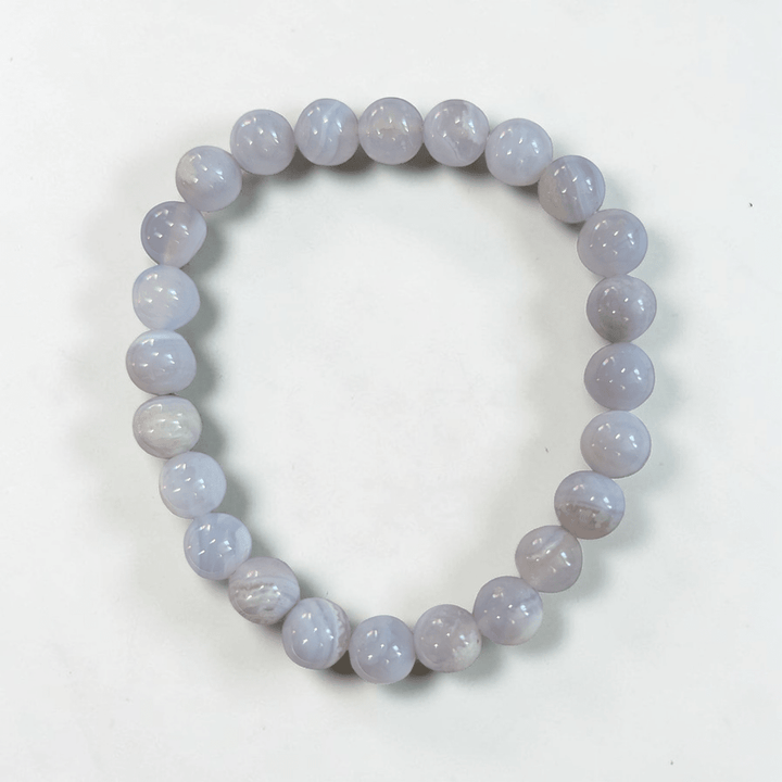 Throat chakra Blue Lace Agate crystal bracelet for anxiety and communication. Shop in-store or online now with Zen Collection Metaphysical Store Canada