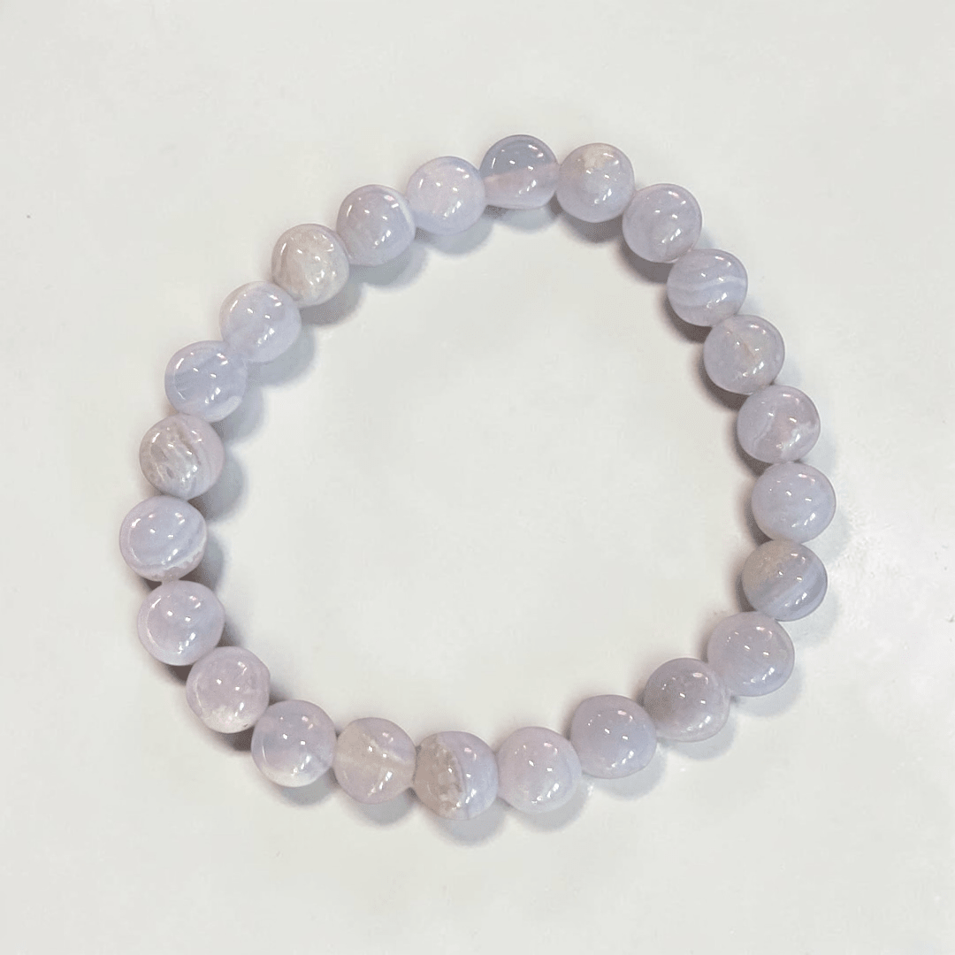 Throat chakra Blue Lace Agate crystal bracelet for anxiety and communication. Shop in-store or online now with Zen Collection Metaphysical Store Canada