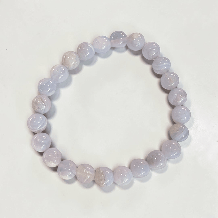 Throat chakra Blue Lace Agate crystal bracelet for anxiety and communication. Shop in-store or online now with Zen Collection Metaphysical Store Canada