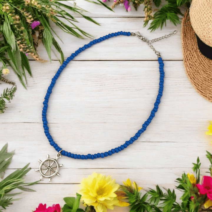 blue seed bead choker with nautical charm