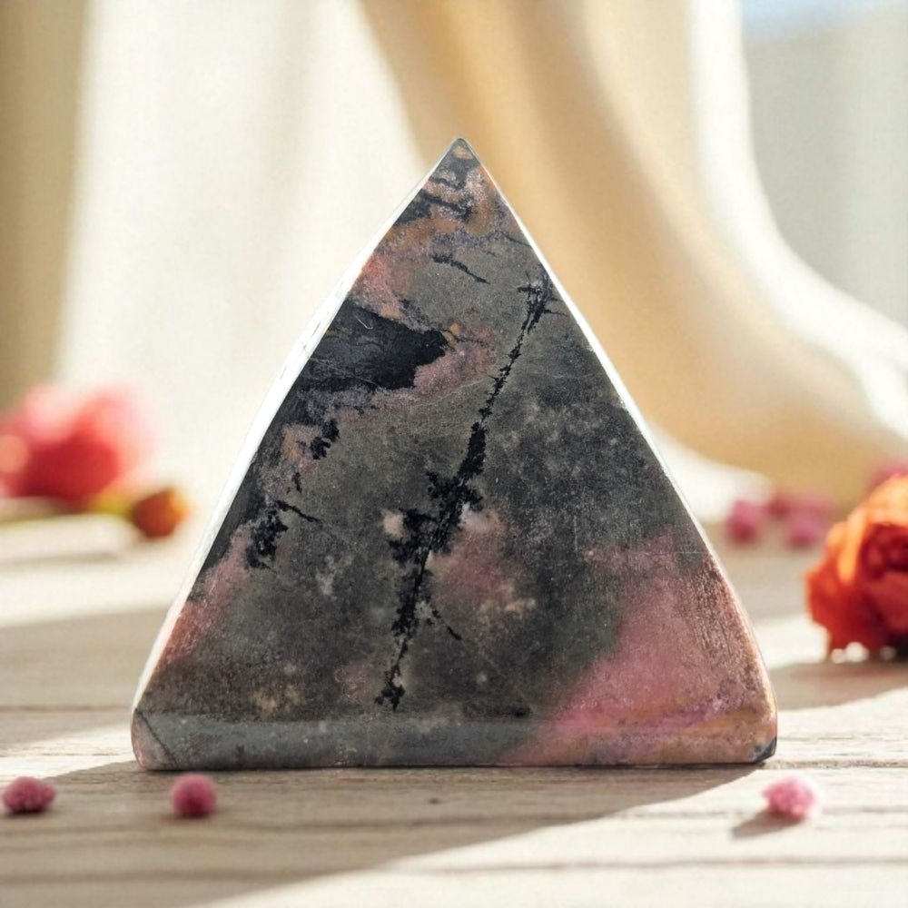Rhodonite crystal pyramid with marbled pattern on a wooden surface with blurred background