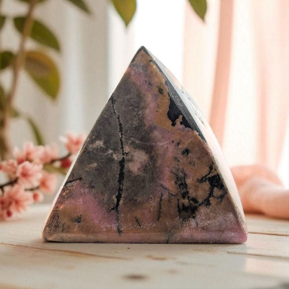 Marble-patterned rhodonite crystal pyramid object on a wooden surface with a blurred background