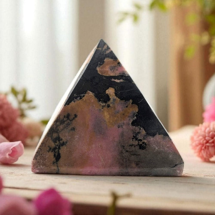 Triangular crystal with pink and black patterns on a wooden surface with blurred pink flowers in the background