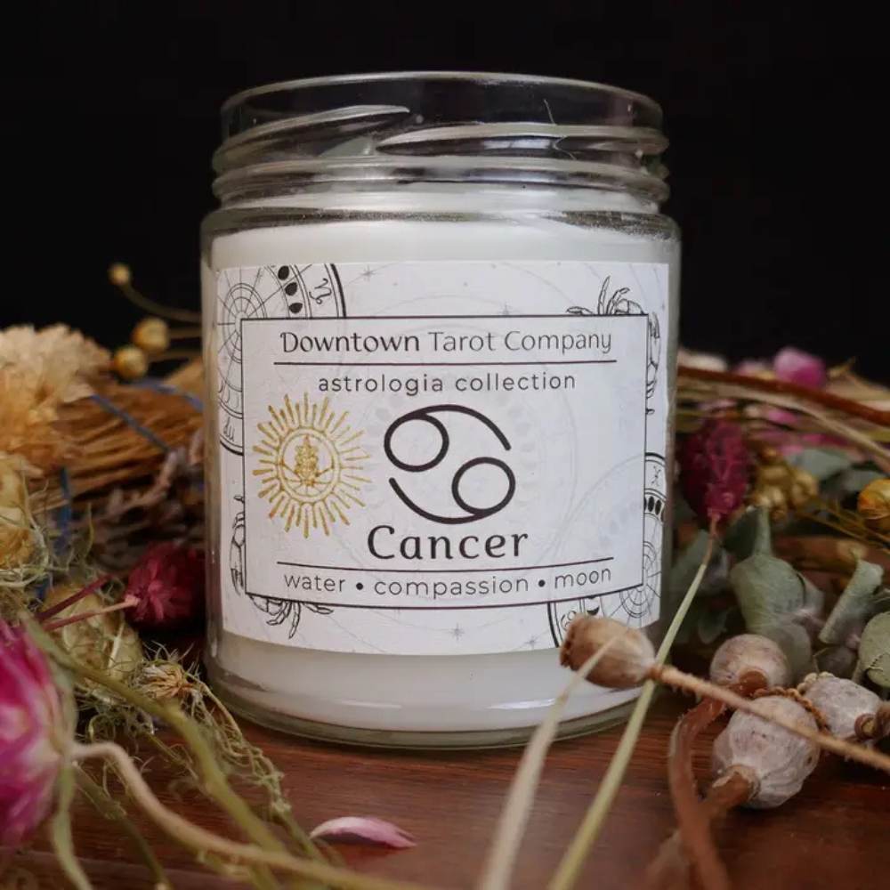 Cancer zodiac candle honoring compassion and confidence.