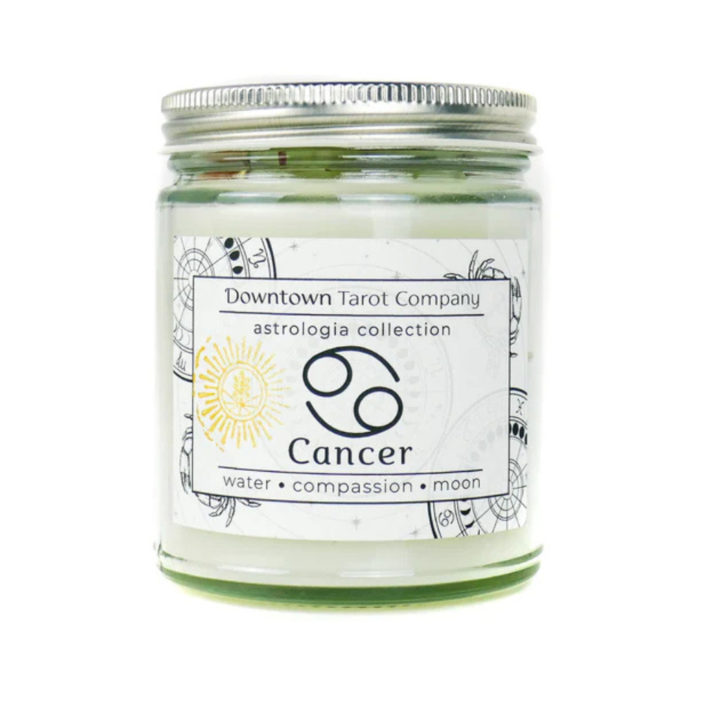 Cancer zodiac candle featuring amazonite and aquamarine crystals.