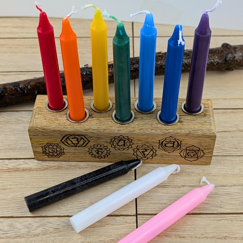 Chakra chime candle set with wooden holder and colorful candles