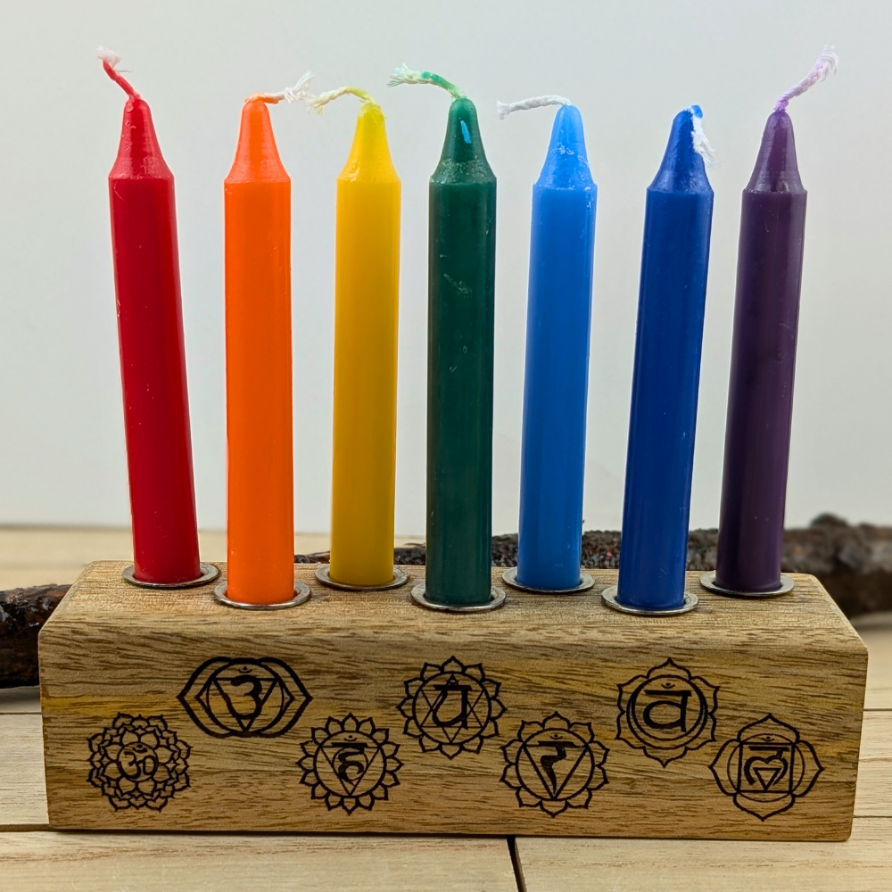 Chakra ritual candle set with engraved wooden holder