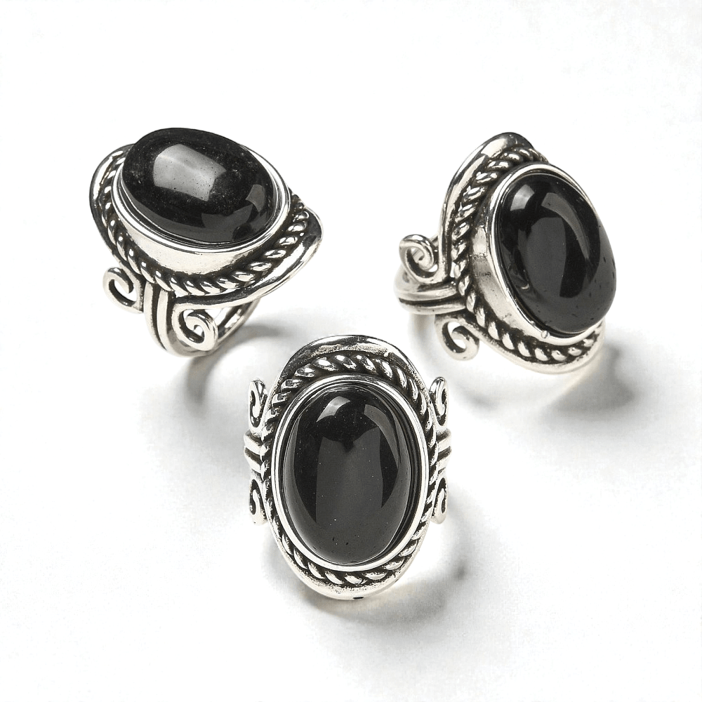 Black Obsidian crystal ring for grounding the root Chakra and provoding energy protection. Shop In-store or Online Now with Zen Collection Metaphysical Store in Barrie 