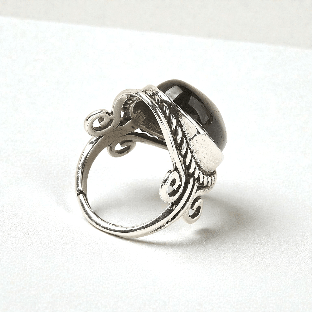 Black Obsidian crystal ring for grounding the root Chakra and provoding energy protection. Shop In-store or Online Now with Zen Collection Metaphysical Store in Barrie 