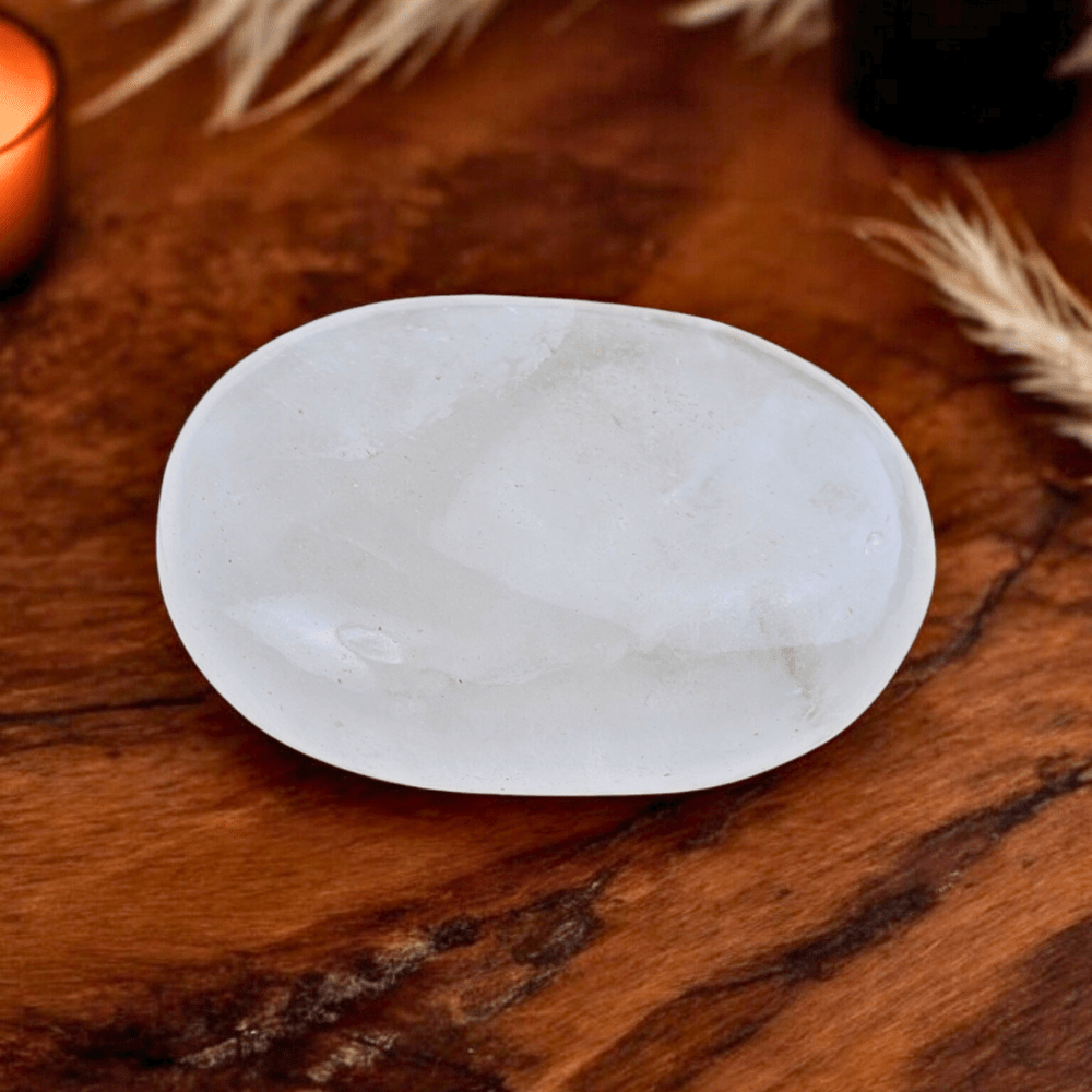 Transparent Clear Quartz palm stone with natural inclusions