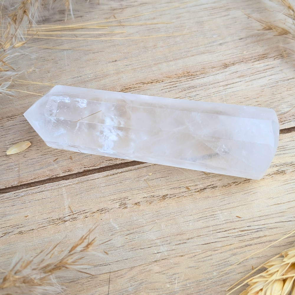 Close-up of Clear Quartz Point with visible light refractions