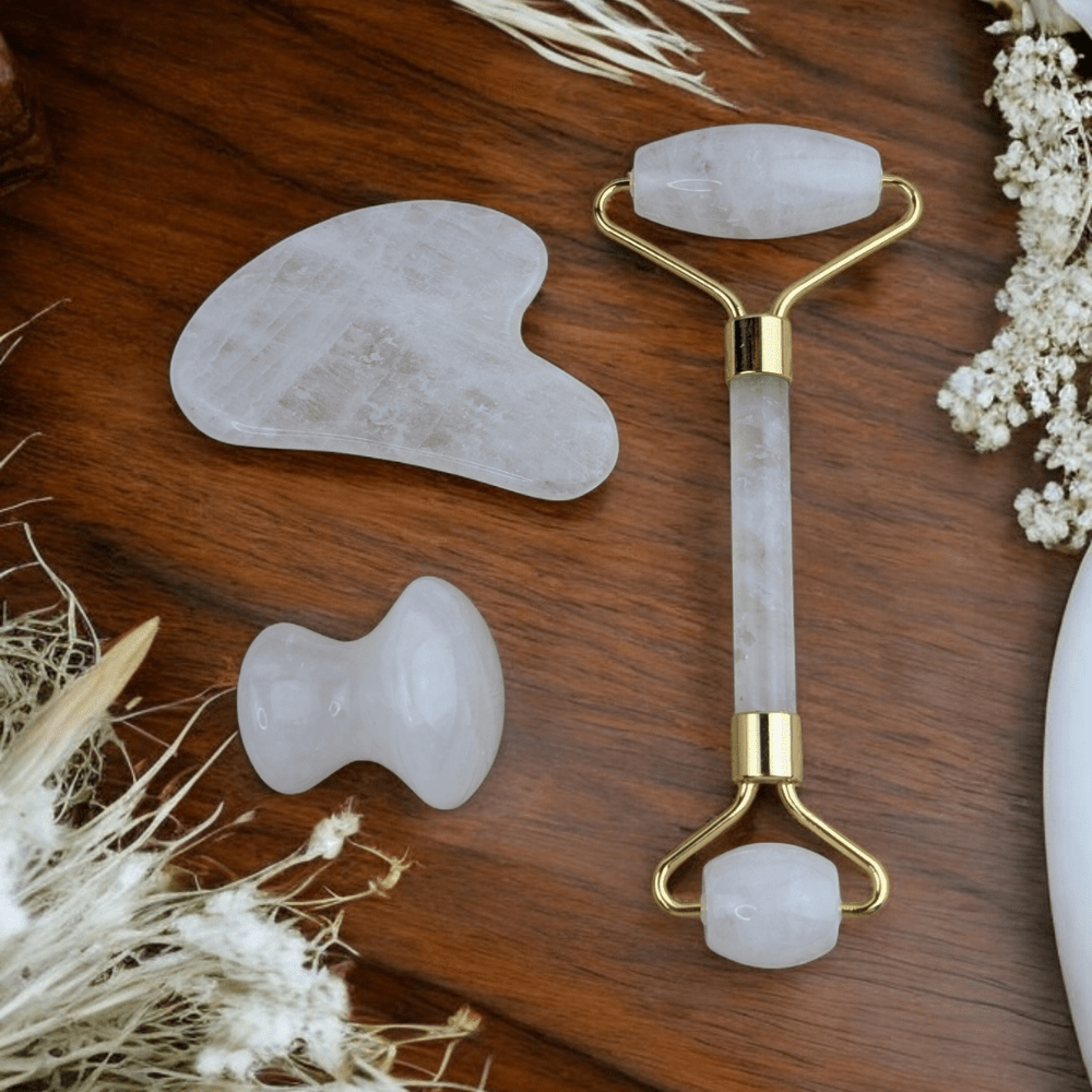 Beautiful crystal tools on a wooden background.