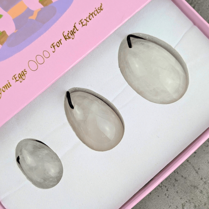 High-quality clear quartz yoni egg set for meditation.