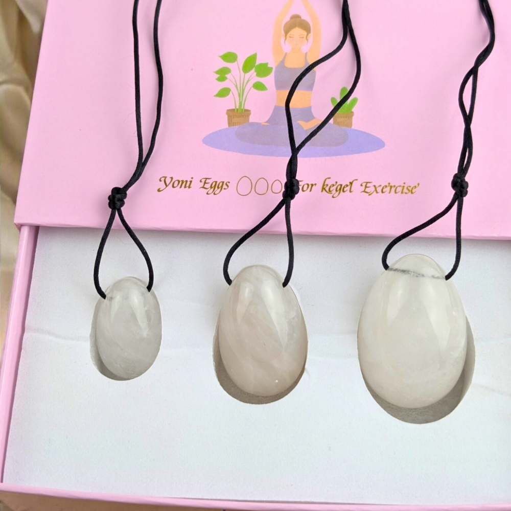 High-quality clear quartz yoni egg set for meditation.