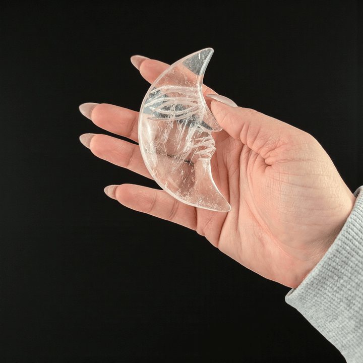 crown chakra clear quartz moon carving available at Zen Collection Metaphysical Store in Barrie. Shop in-store or online