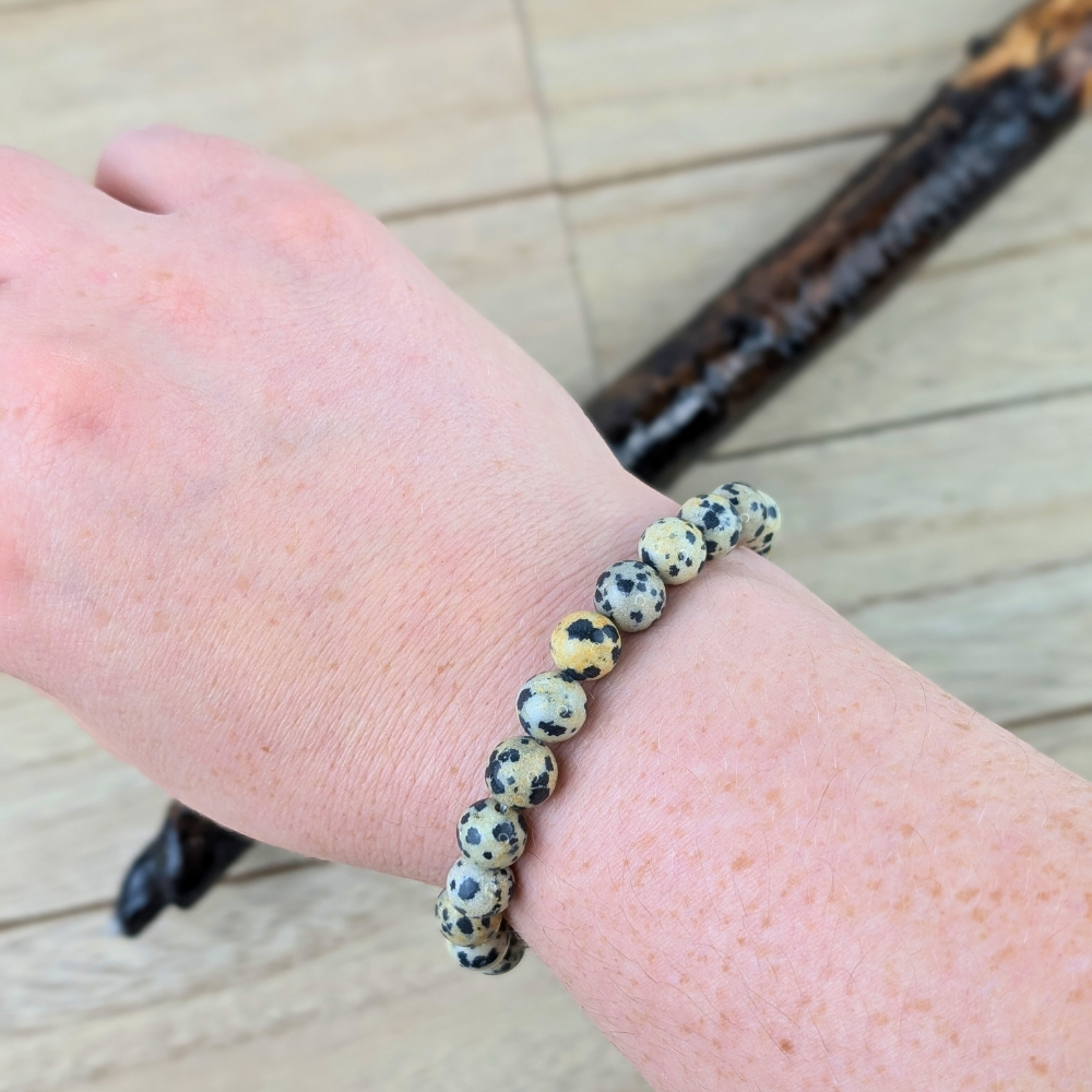 Playful Dalmatian jasper bracelet for emotional stability