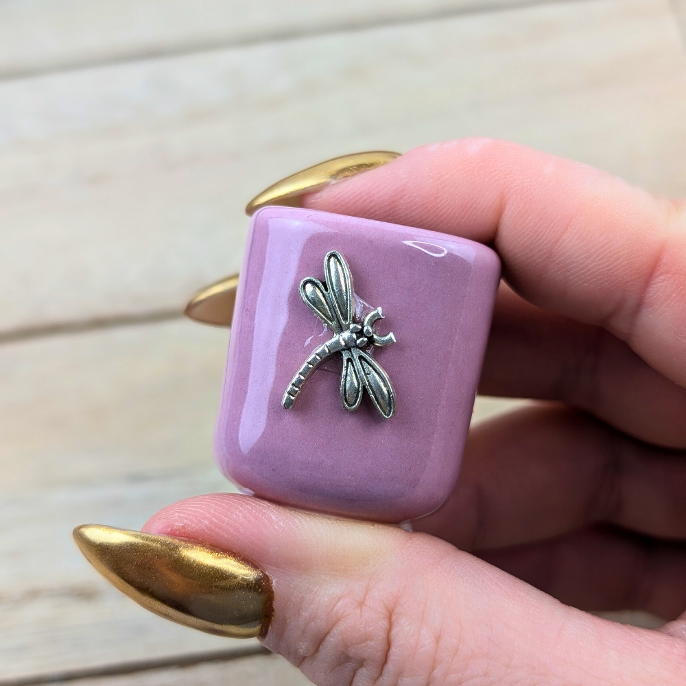 Mini chime candle holder with pink glaze and dragonfly charm