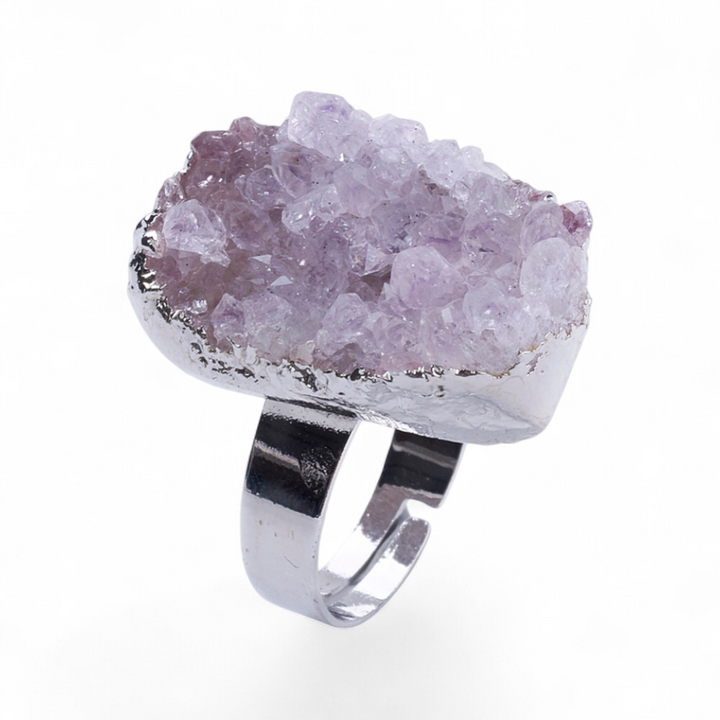 Natural Druzy Amethyst gemstone adjustable ring available in-store or online with Zen Collection Canadian Crystal Store