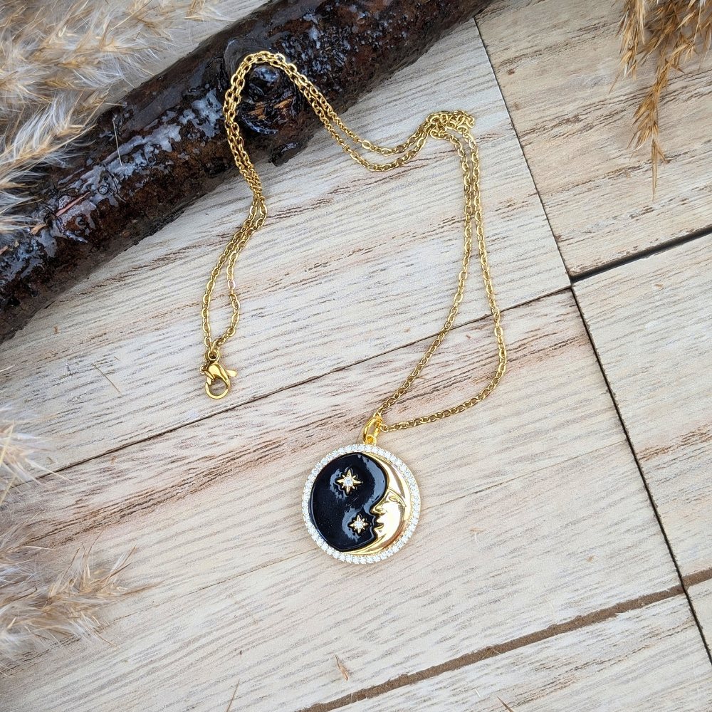 Celestial necklace with moon and stars, Eternal Cosmos pendant for intuition and balance