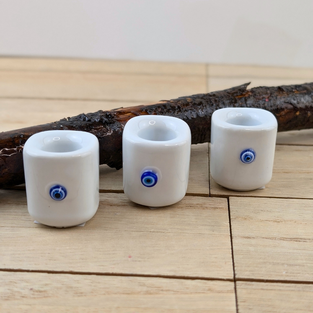 White evil eye chime candle holder made of ceramic