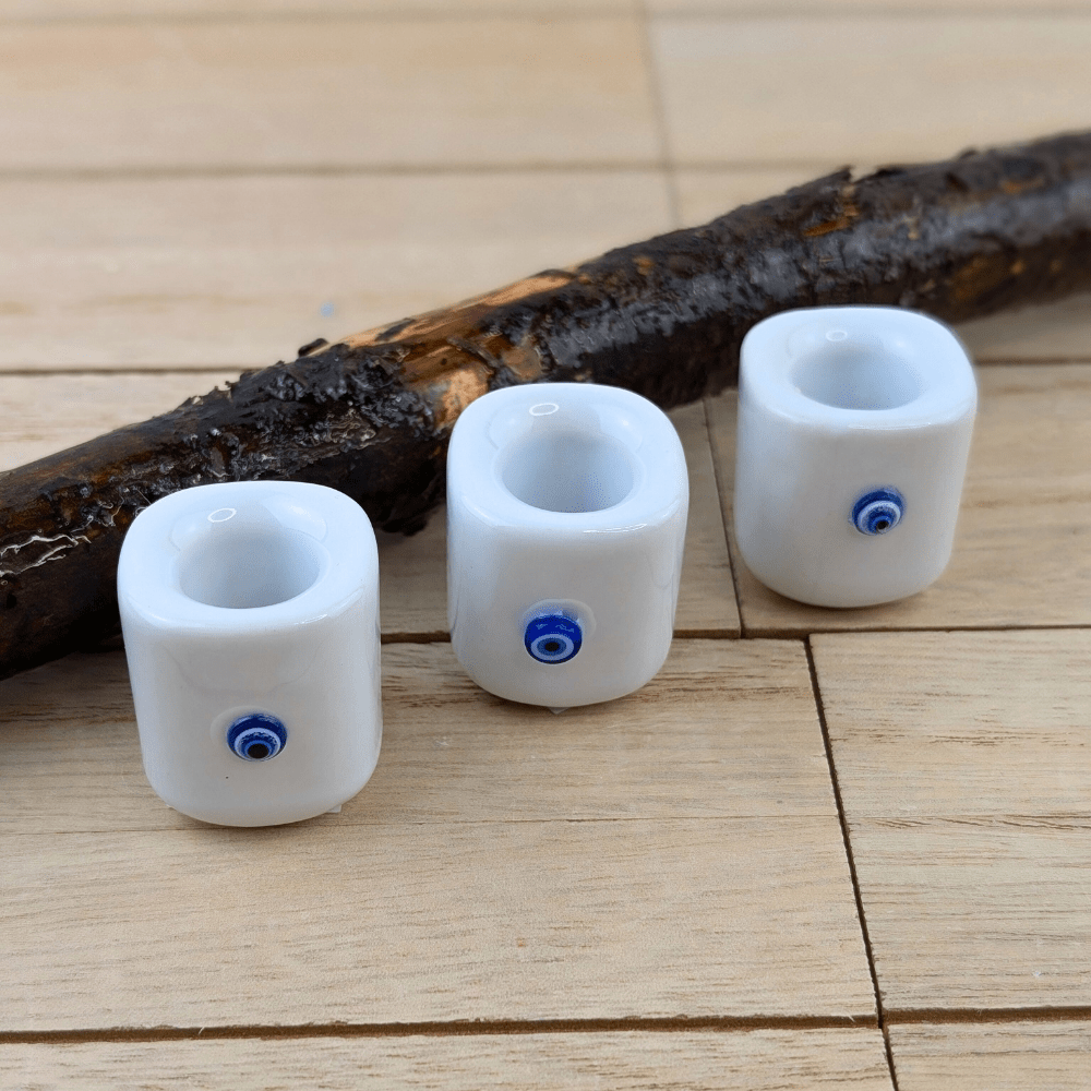 White evil eye mini ritual candle holder for cleansing and focus