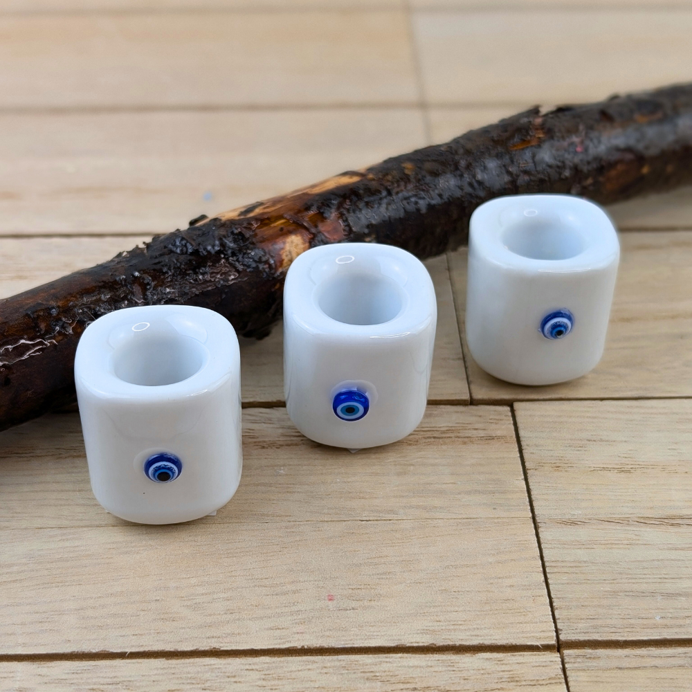 White evil eye mini ritual candle holder for cleansing and focus