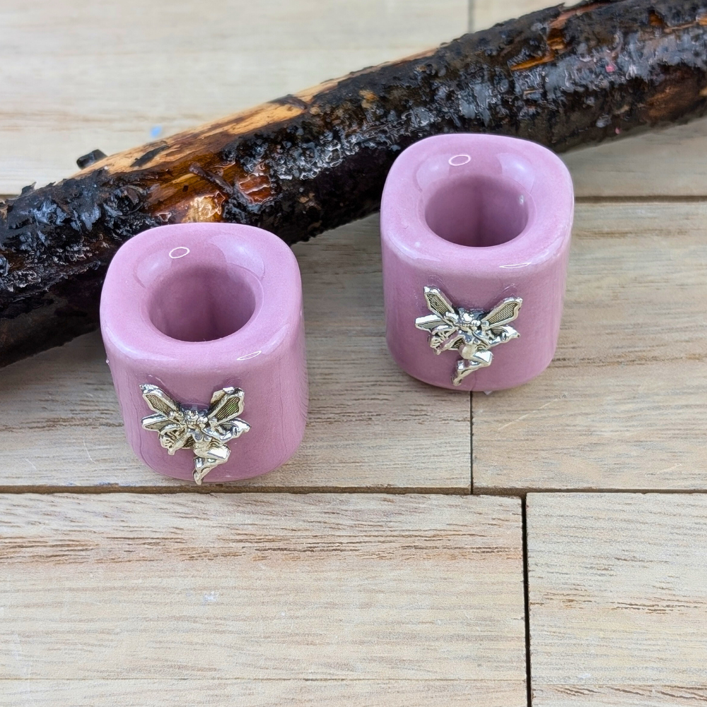 Ceramic mini candle holder with pink glaze and silver fairy