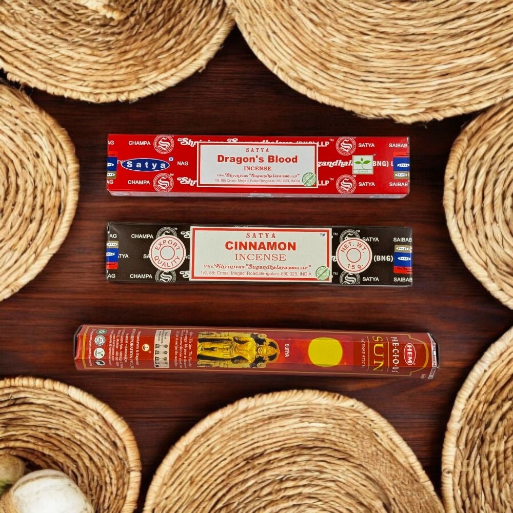 Zodiac Incense Set for Fire Signs – Satya Dragon’s Blood, Satya Cinnamon &amp; HEM Sun
