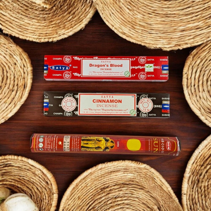 Zodiac Incense Set for Fire Signs – Satya Dragon’s Blood, Satya Cinnamon &amp; HEM Sun
