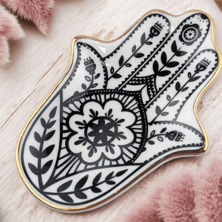 Ceramic Hamsa jewelry dish for rings and crystals