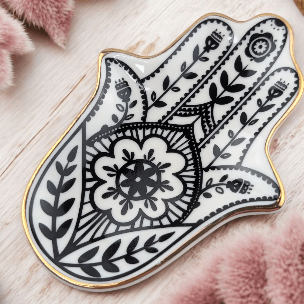 Ceramic Hamsa jewelry dish for rings and crystals