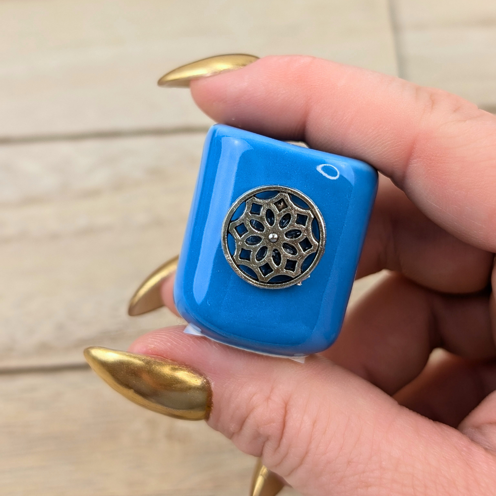 Blue ceramic mini candle holder with Flower of Life charm