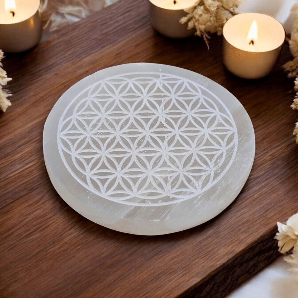 Crystal charging plate with sacred geometry design