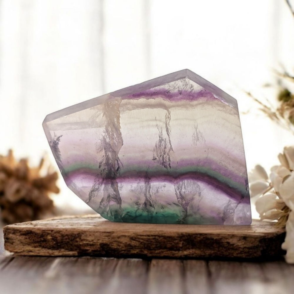 Natural green and purple fluorite slab