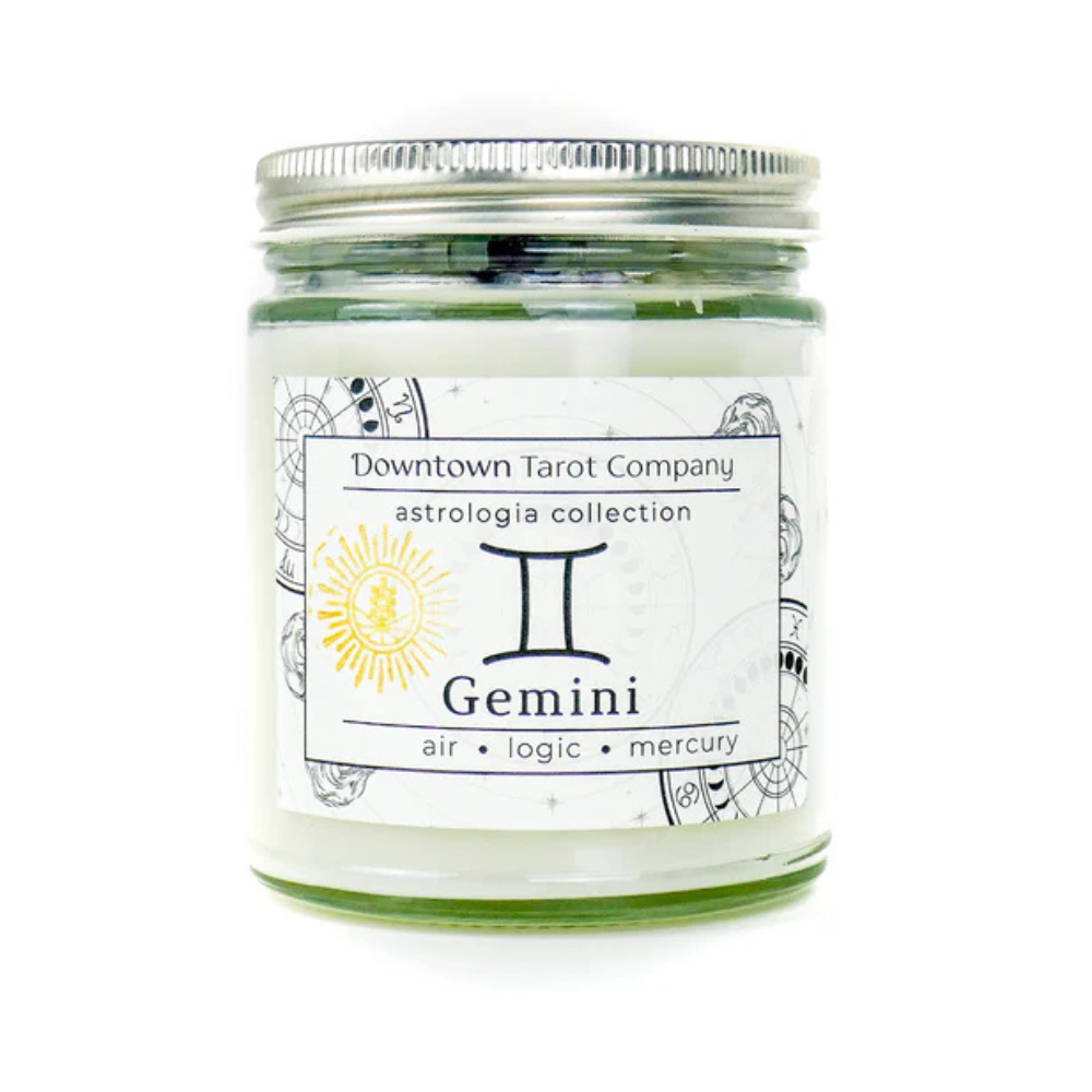 Zodiac candle for air signs with refreshing mint and grounding tourmaline.