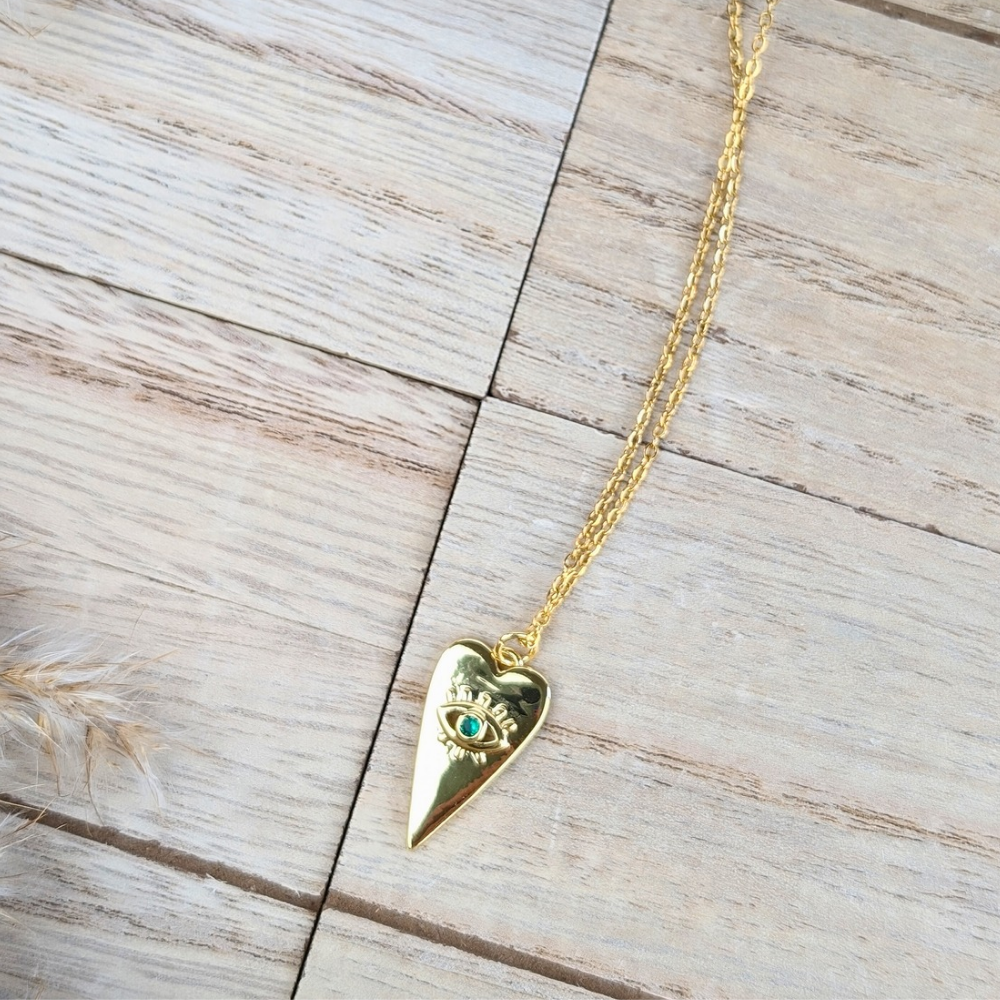 Gold Evil Eye Heart Necklace with cubic zirconia and 18K gold plating