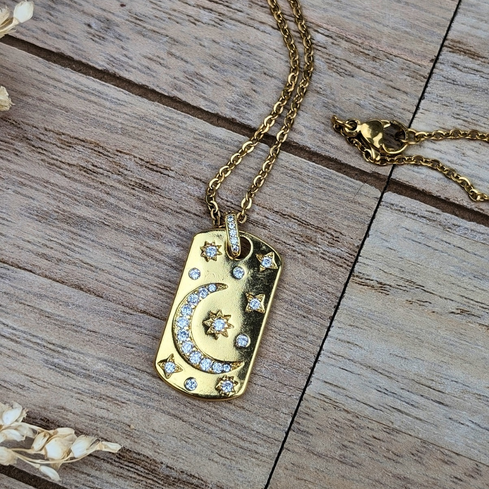 Gold Moon and Stars Necklace with spiritual meaning, metaphysical jewelry for mindfulness