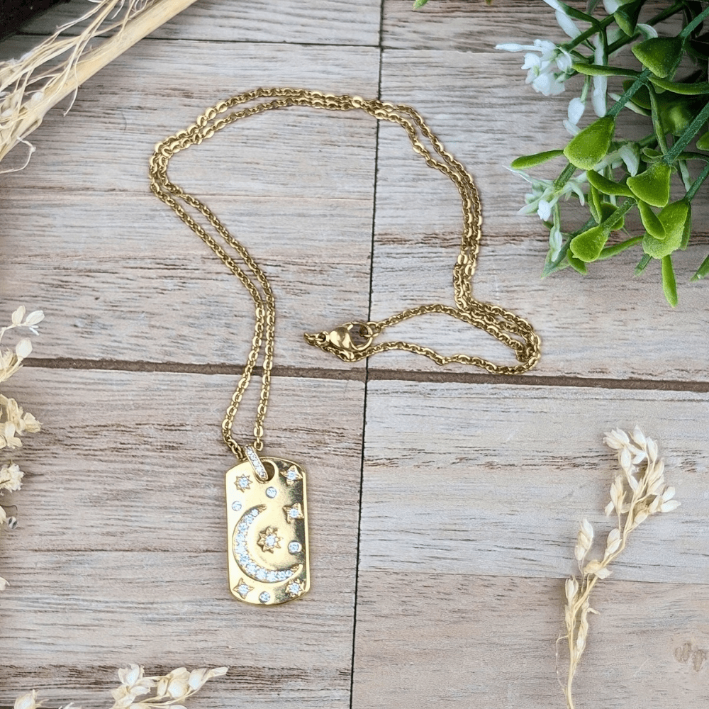 18K Gold Moon and Stars Necklace with cubic zirconia for spiritual women