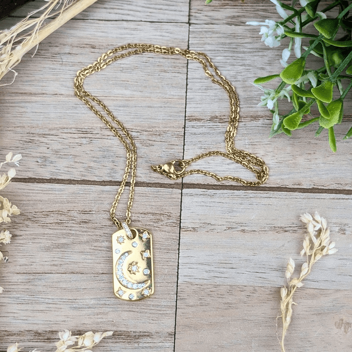 18K Gold Moon and Stars Necklace with cubic zirconia for spiritual women