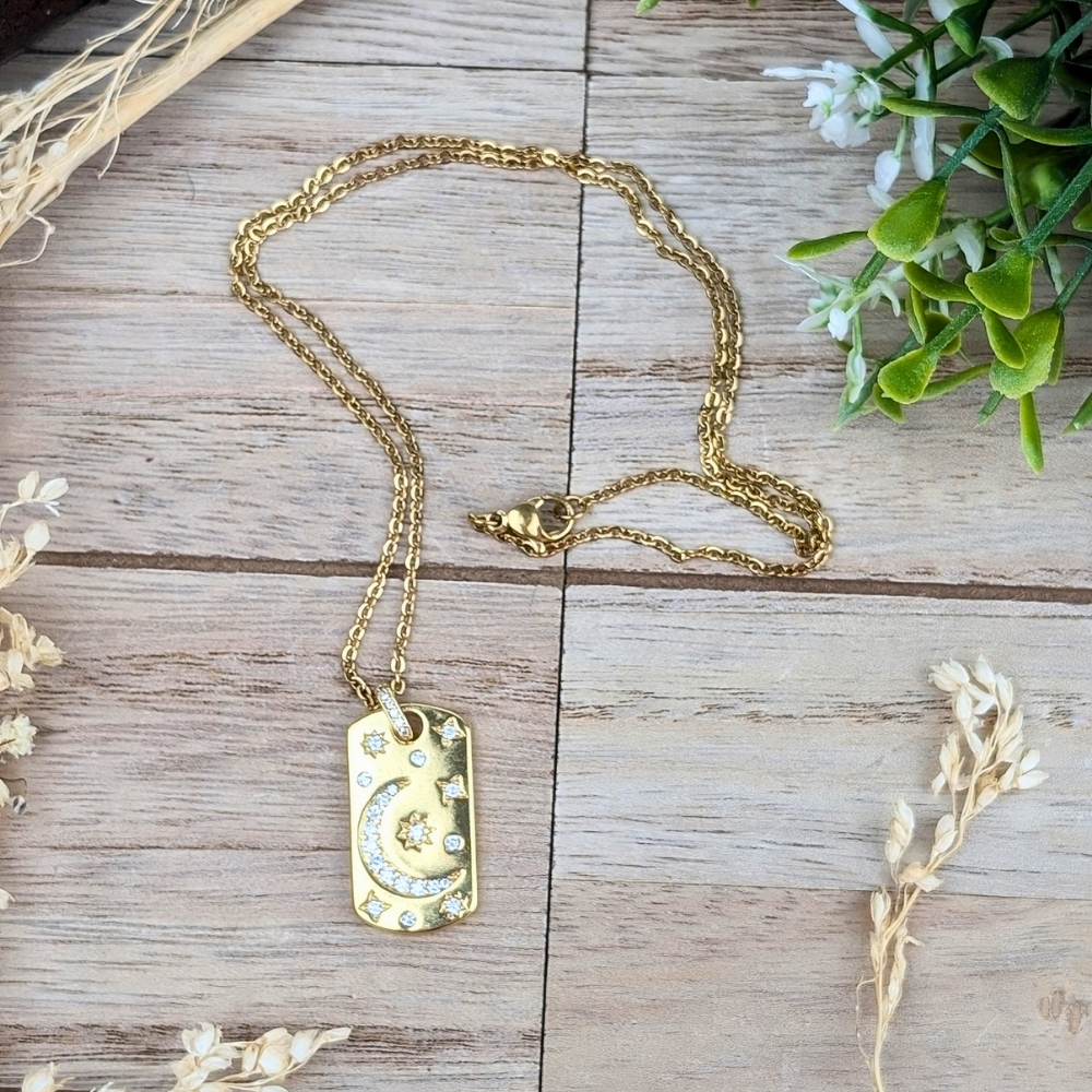 18K Gold Moon and Stars Necklace with cubic zirconia for spiritual women