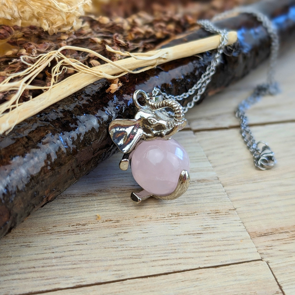 Good Luck Rose Quartz  Elephant Necklace for love and prosperity