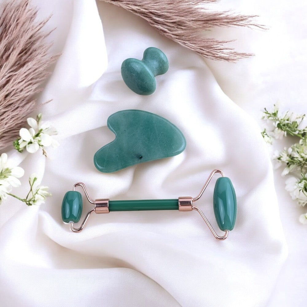 Green Aventurine Self-Care Set featuring a facial roller, gua sha, and personal massager.