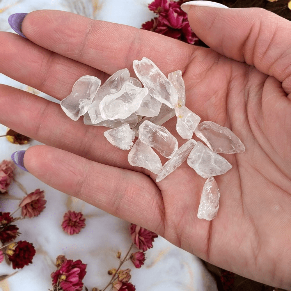 Hand holding clear crystal pieces with a floral background