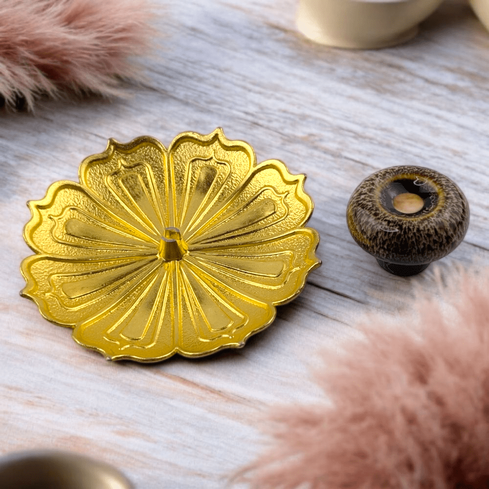 Incense cone burner with gold and beige finish